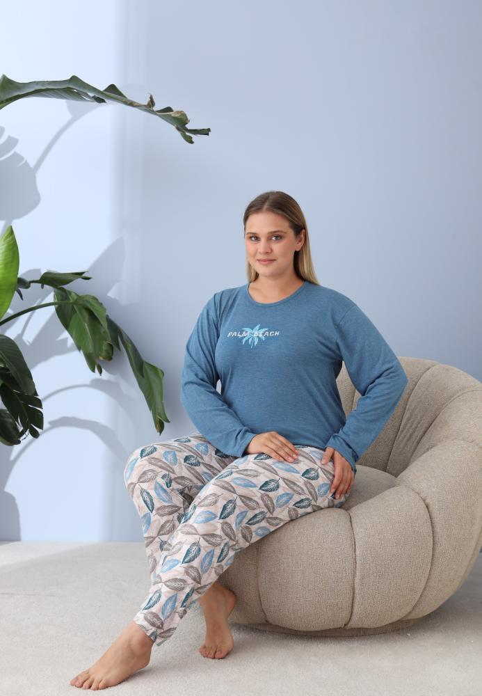 Pijama Dama ,Big Size ,''PLAM BEACH" cu Pantloni si Maneca lunga, Culoare Albastru,Engros